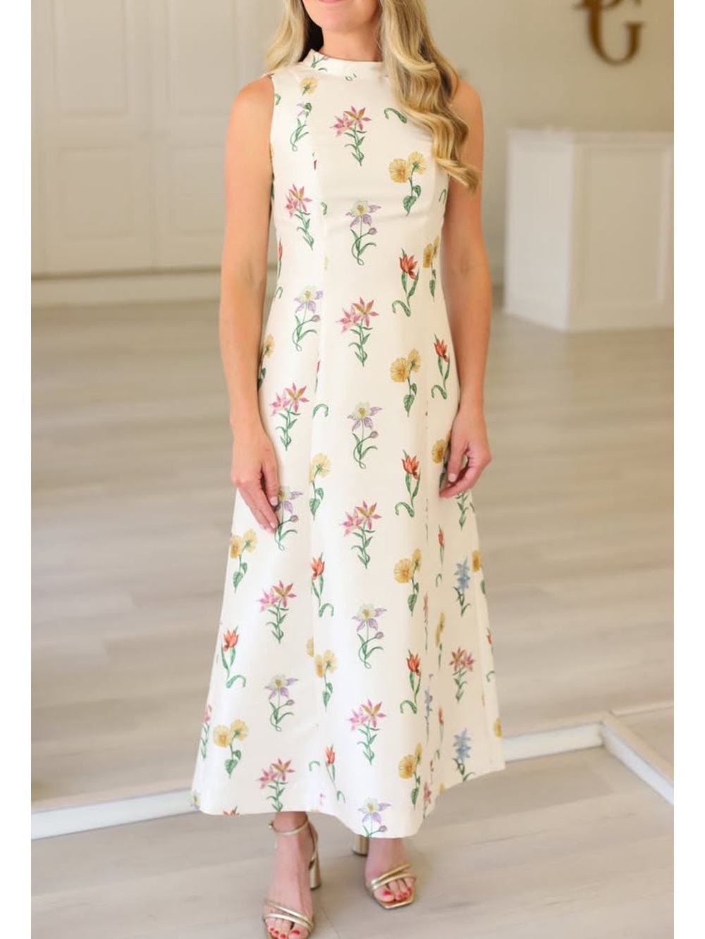 Thomas & Lourdes Levina Dress in Botanical- Sleeveless Midi Dress in Cream